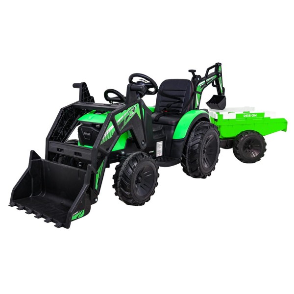 Wielki Traktor-Koparka 24V z Przyczepką 720-T Zielony - 2x200W, Koła EVA, Pilot, Panel MP3, LED