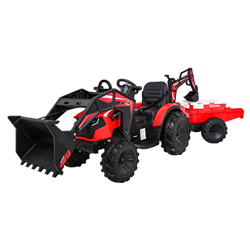 Wielki Traktor-Koparka 24V z Przyczepką 720-T Czerwony - 2x200W, Koła EVA, Pilot, Panel MP3, LED